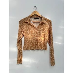 Motel Mushroom Print Mesh Button-Up Crop Top Long Sleeve Size Medium